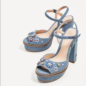NWT Zara Open-Toe Denim Platform Heels with Flower Jewels